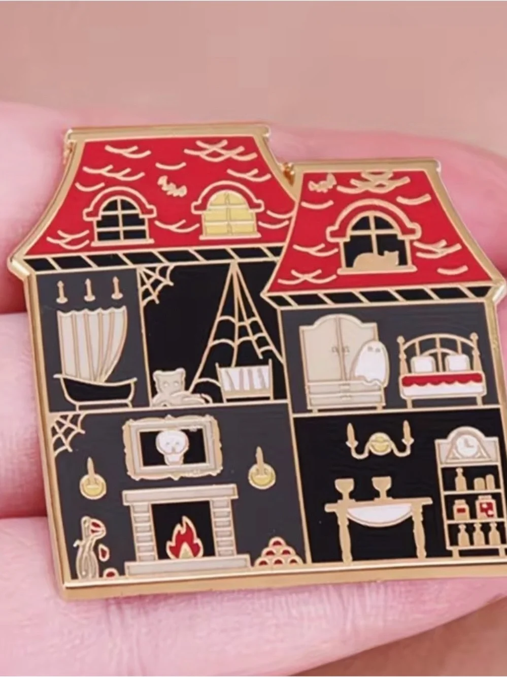 Halloween Haunted House Enamel Pin - Red and Black Fireplace Ghost Spiderwebs